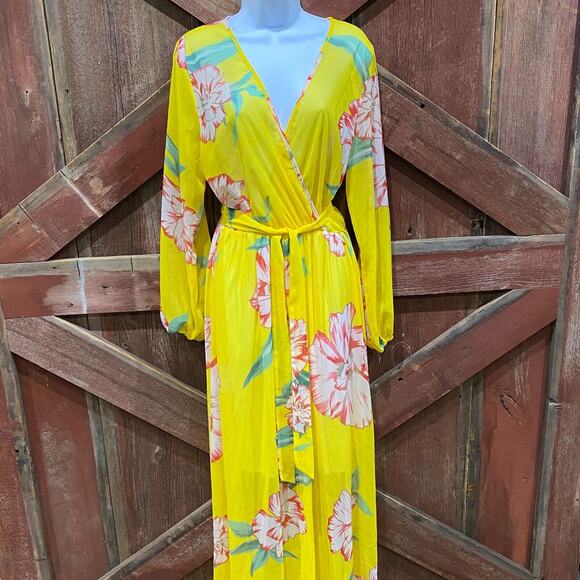 Yellow Floral Print Surplice Maxi Dress Medium Chiffon Tied Waist Sheer Island - Picture 1 of 13